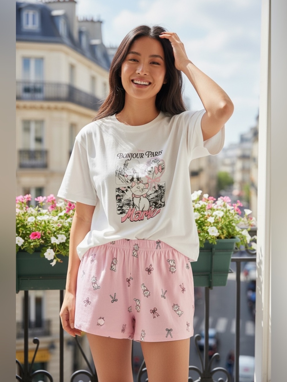 Disney/Pixar Womens Bonjour Paris Marie Graphic Tee and Pink Printed Shorts Set